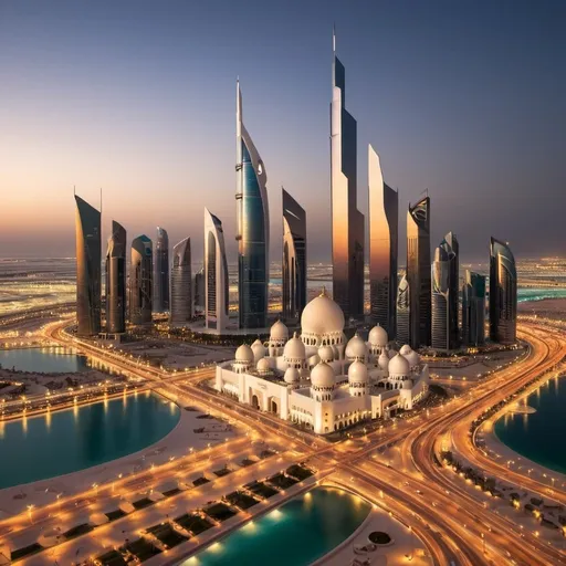 Prompt: Abu Dhabi, showcasing the skyline, cultural landmarks, and bustling streets.