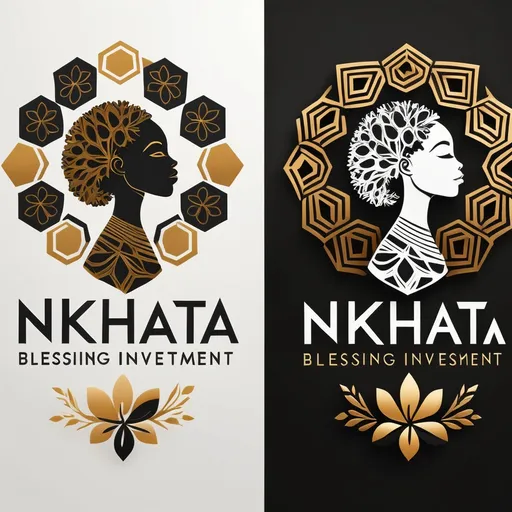 Prompt: Design a modern and elegant logo for Nkhata Blessing Investment that symbolizes growth, sustainability, and unity. Use the attached logo as a base but integrate an Afro-inspired silhouette or motif subtly into the design. Blend the Afro element seamlessly with the central plant and honeycomb geometry, creating a natural and harmonious balance. Maintain the sophisticated color palette of black, gold, beige, and green accents. Ensure the Afro element represents empowerment and identity while preserving the clean and professional feel of the brand. Use bold, modern typography for 'Nkhata' and elegant supporting text for 'Blessing Investment.