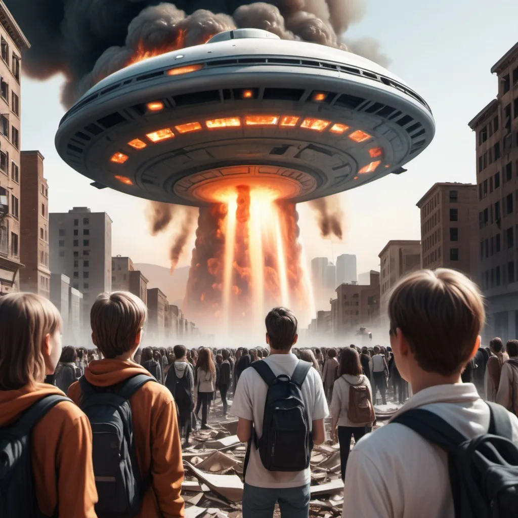 Prompt: a destroyed city with fires and ufo in the background. People with white liquid on  their face are staring at a phone with scared looks. People are crowded around a phone with scared looks on their faces