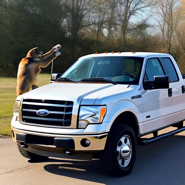 Prompt: dog driving 2005 ford f-150 with dog


