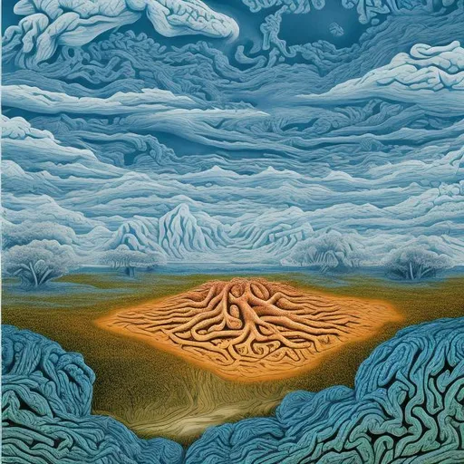 Prompt: a landscape made out of brains underneath a blue sky