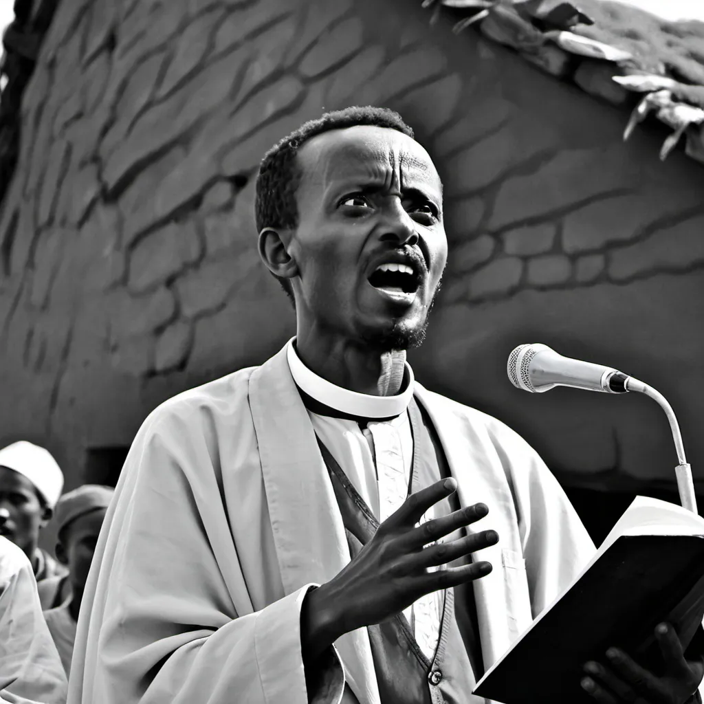 Prompt: a black and white image of a protestant Ethiopian man preaching
