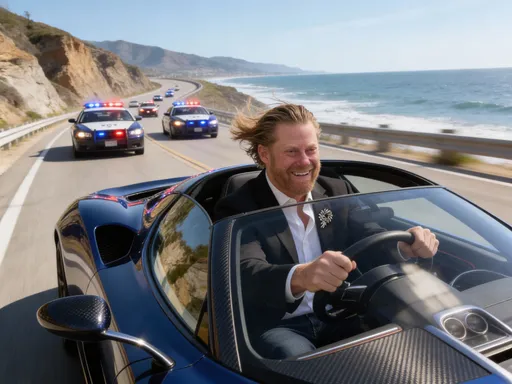 Prompt: @hJYtTj5xmIX5uj76zXGk Is driving an extremely expensive sports car with several police chasing him.  He looks very happy.