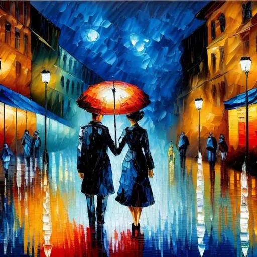 Prompt: Brushstroke impasto, an oil painting of a Couple with umbrella walking down European street at night