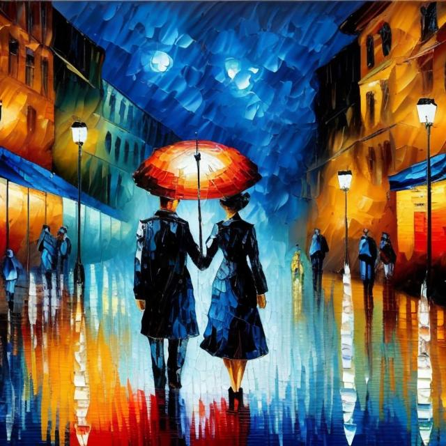 Prompt: Brushstroke impasto, an oil painting of a Couple with umbrella walking down European street at night