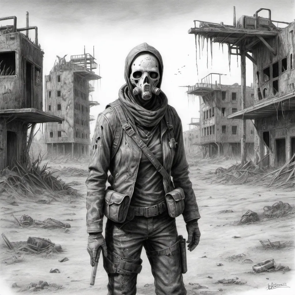 Prompt: Scavenger, post-apocalyptic-science fiction-wasteland, the plague, horror, pencil drawing 