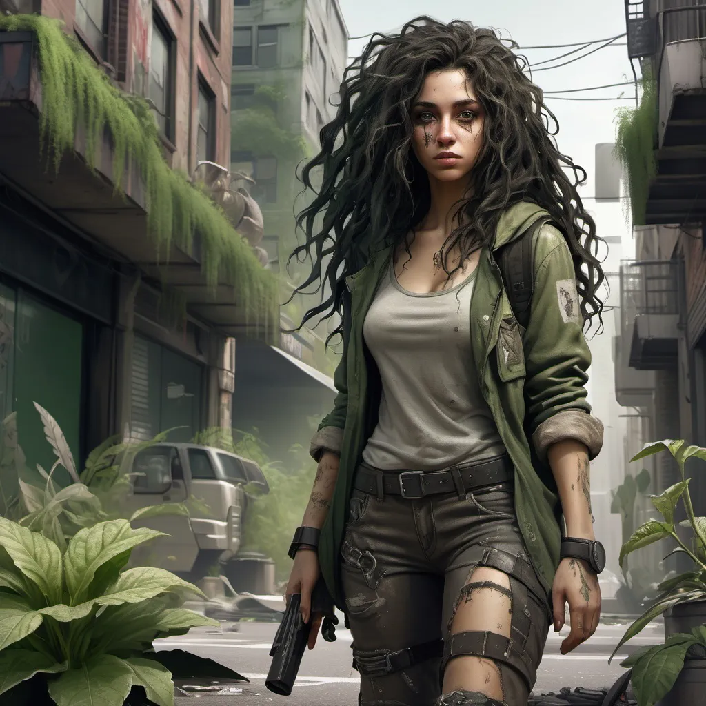 Prompt: hyper realistic (character design sheet), woman in a post-apocalyptic city street, (fantasy clothes), tattered attire, (long black curly hair), (dark brown eyes), (light skin), side smirk, exuding confidence, (full body view), overgrown plants reclaiming the urban environment, muted and desaturated tones contrast with vivid green foliage, dynamic angle capturing the derelict beauty of the scene.