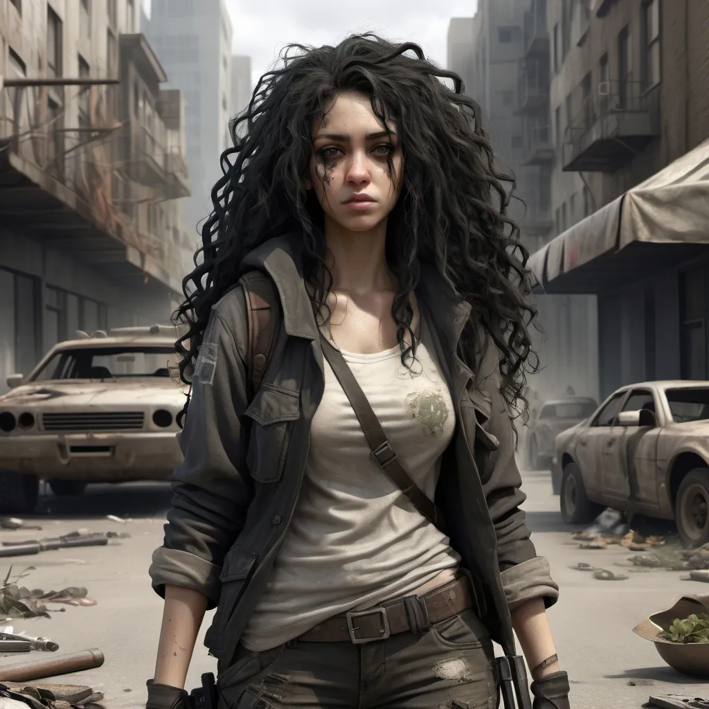 Prompt: hyper realistic Character design sheet, plant grown post apocalyptic city street, woman, post apocalyptic, fantasy clothes, long black curly hair, tattered clothes, light skin, slightly modest, clean, confident, leader like, gun