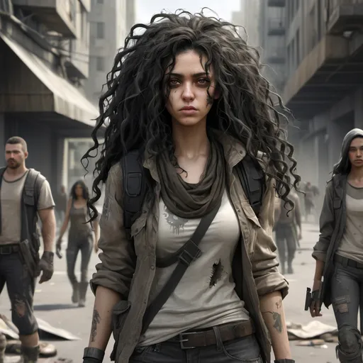 Prompt: hyper realistic Character design sheet, plant grown post apocalyptic city street, woman, post apocalyptic, fantasy clothes, long black curly hair, tattered clothes, light skin, slightly modest, clean, confident, leader like, gun