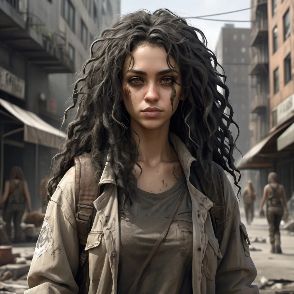 Prompt: hyper realistic Character design sheet, plant grown post apocalyptic city street, woman, post apocalyptic, fantasy clothes, long black curly hair, brown eyes, tattered clothes, light skin, slightly modest, clean, confident, leader like, side smirk