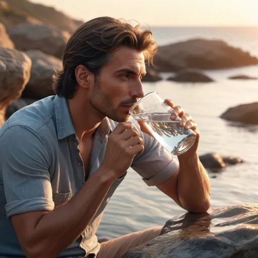 Prompt: A handsome man drinking water on a rock by the sea, photorealistic, sunset lighting, (vibrant warm tones), tranquil atmosphere, ultra-detailed facial features, gentle waves in the background, detailed rocky shoreline, light breeze in the air, crystal clear water, long shadow behind the man, crisp details, 4k, high quality image, cinematic composition, realistic reflections on water.