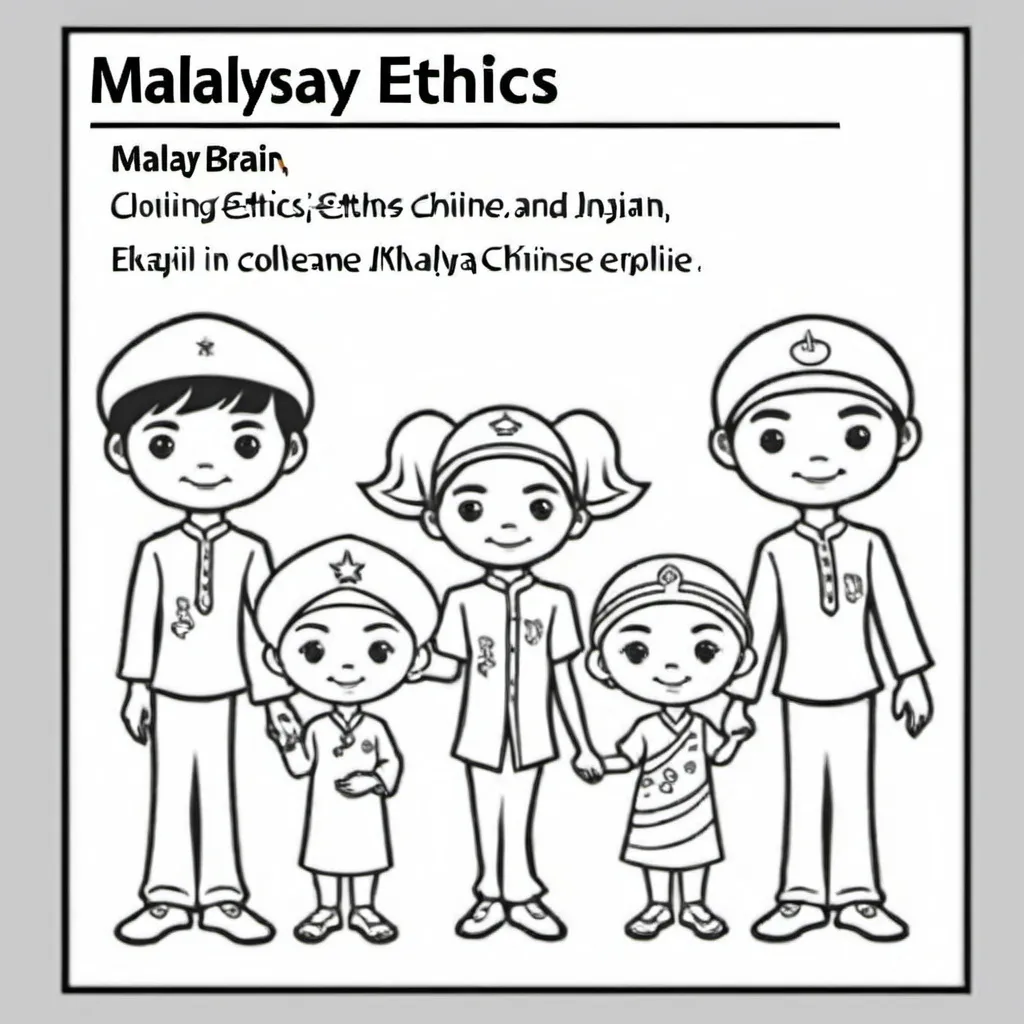 Prompt: A colouring template (only outline) which includes Malaysia 3 main ethics: Malay, Chinese and Indian 