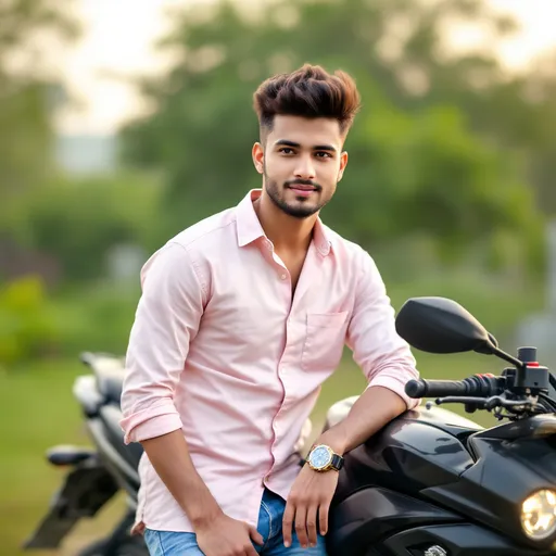 Prompt: A young man casually leans against a sleek black motorcycle, radiating a relaxed confidence. Dressed in a light pink shirt with rolled-up sleeves and fitted blue jeans, he strikes a pose with one leg crossed and hands resting on the bike, sporting a fashionable wristwatch. The background reveals a serene outdoor setting, with greenery and distant structures softly blurred, suggesting it is either late afternoon or early evening. The warm, natural lighting bathes the scene, enhancing the relaxed yet stylish atmosphere, as if capturing a moment of leisure on a pleasant day.