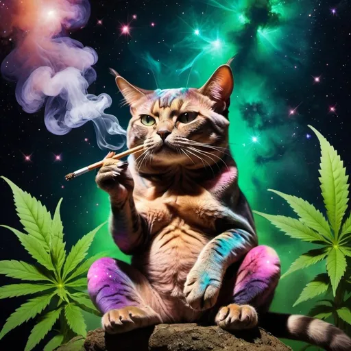 Prompt: EXOTIC CAT SMOKING A BLUNT IN A TRIPPY GALAXY FULL OF WEED PLANTS SITTING LEGS CROSSED