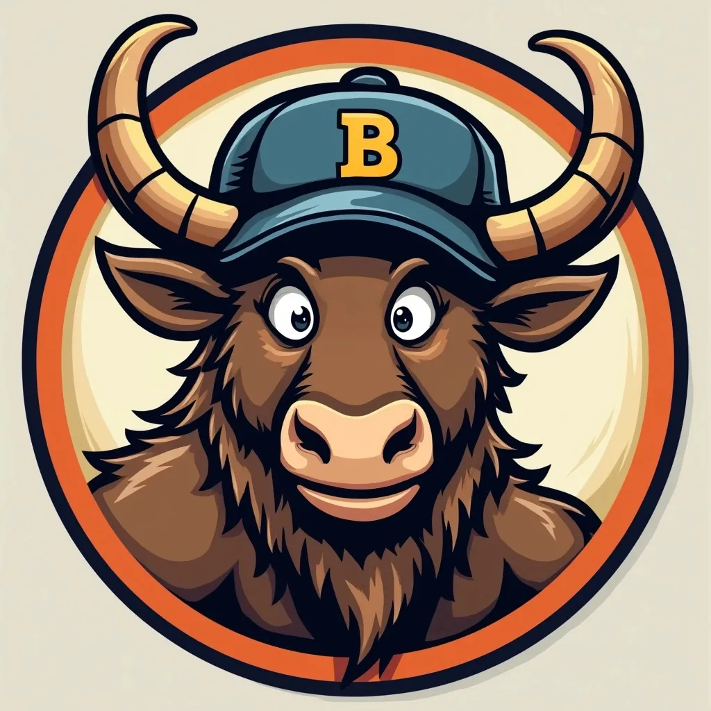 Prompt: Cartoon crazy wildebeest with a baseball cap with the letter B in circular frame for fantasy baseball logo
