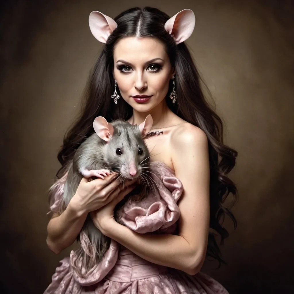 Prompt: Glamour photography of a woman morphed into a gorgeous rat lady wearing a beautiful dress, very feminine looking with long flowing hair holding a cute little rat