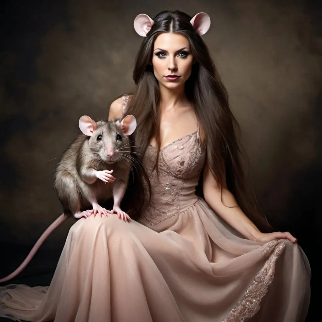 Prompt: Glamour photography of woman morphed into a gorgeous rat lady wearing a beautiful dress and very feminine looking with long flowing hair 