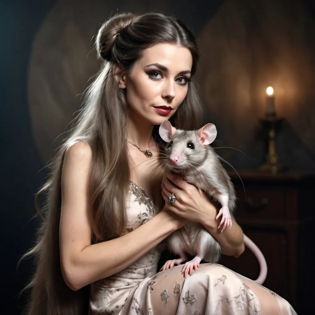 Prompt: Glamour filmic picture of a woman morphed into a gorgeous rat lady wearing a beautiful dress and very feminine looking with long flowing hair holding a pet rat with a long tail 