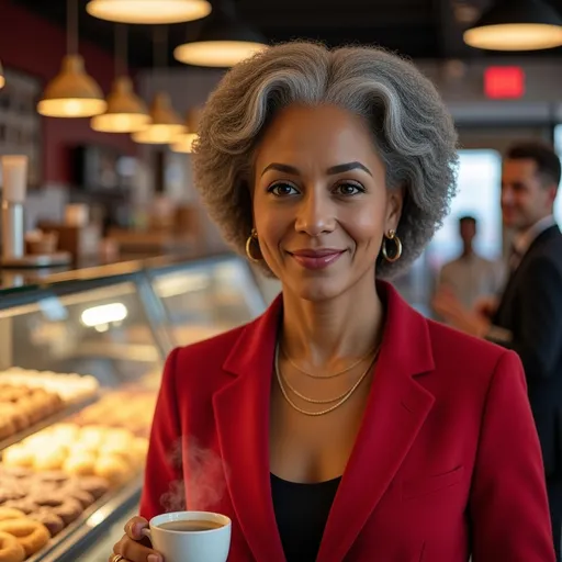 Prompt: @OptiaFRSuOEq5JGSoXZu is holding coffee in the deli in her office building while she is looking at the camera. There is no one behind her, however, you can see pastries and counter behind her.