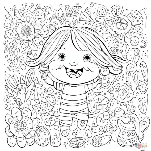 Prompt: Happy child coloring page, hand-drawn line art, coloring book style, for kids