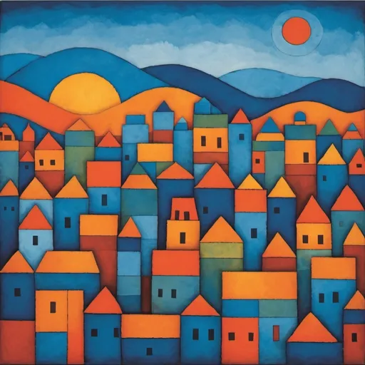Prompt: Please mak me a canvas art with the style of paul klee on the subject of kathmandu skyline. Make the primary coloers orange and blue.