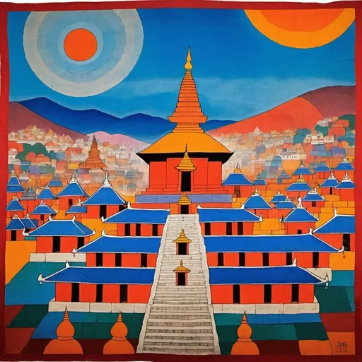 Prompt: Please make me a canvas art with the hegelian Aufheben of paul klee and traditional vajrayana thangka paintings on the subject of the lived experience of Kathmandu. Make the primary colors orange and blue. Please include the iconic temples of Kathmandu valley such as Pashupatinath and Swayambhunath as well. 