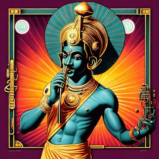 Prompt: A mashup in the art deco style referring to Andre 3000's flute album and its structural and postmodern similarities to the hindu god Krishna as a flautist.