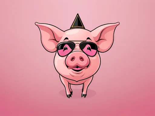 Prompt: A Pig face logo with the pig wearing a big hamantaschen triangle hat and wearing  black aviator sunglasses with little hearts on his cheeks. The background is pink. It says Happy on the left of the pigs face and it says Purim on the right of the pigs face. Make it a fun cartoon. 