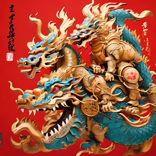 Prompt: Samurai with wooden dragon, traditional Japanese celebration, Happy New Year, high quality, detailed woodwork, traditional art style, vibrant colors, festive lighting, intricate details, samurai armor, graceful dragon, joyful atmosphere, traditional Japanese culture, wooden craftsmanship, colorful celebration, energetic composition