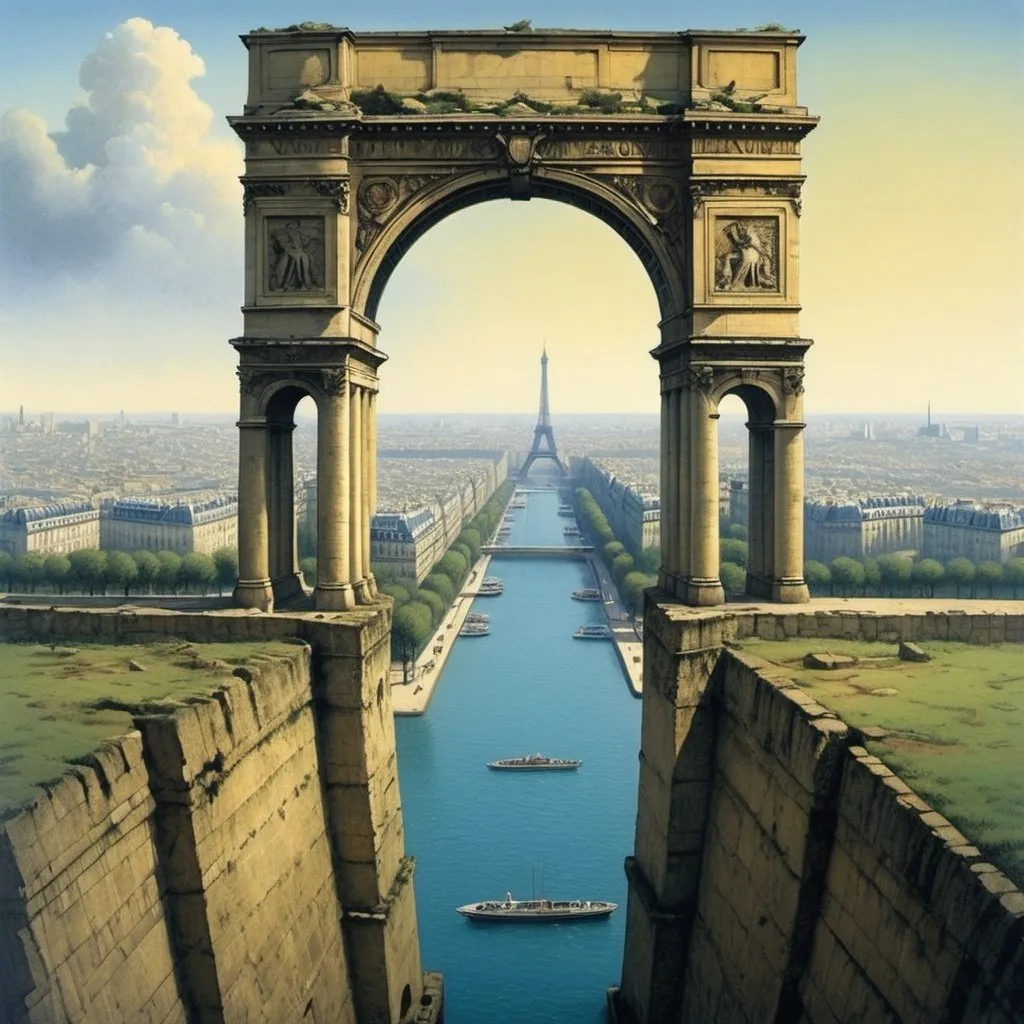 Prompt: Generate Asymmetric Image.  Generate Asymmetric Image. In the background you can see the Arch of Victory in Paris and the ruins of the city. My island Paris. No symmetry. . Generate an image in the style of the painter Zdzisław Beksiński. Asymmetric image. In the background you can see the Arch of Victory in Paris and the ruins of the city. Paris on the island levitates above the ocean. No symmetry In the background you can see the Arch of Victory in Paris and the ruins of the city. My island Paris. No symmetry. . Generate an image in the style of the painter Zdzisław Beksiński. Asymmetric image. In the background you can see the Arch of Victory in Paris and the ruins of the city. Paris on the island levitates above the ocean. No symmetry