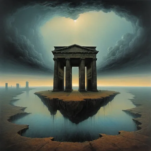 Prompt: Generate an image in the style of the artist painter Zdzisław Beksiński. 4pp4r1, through4r, h3lm3, str1c. In the painting you can clearly see a small mysterious figure. The sky is stormy. Thick dark clouds. You can see the Brandenburg Gate floating on a small island torn out of the ground - the island is levitating in the air. Asymmetric image. Don't use symmetry. surrealism, fantasy.