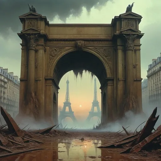 Prompt: Generate an image in the style of the artist Zdzisław Beksiński. in the background you can see the Arch of Victory in Paris looming. The arch of victory falls over, hit by a rocket. Generate a surreal landscape with unrealistic forms. Create an image of a post-apocalyptic landscape with creepy structures. Create an artistic composition that arouses anxiety and fascination at the same time.