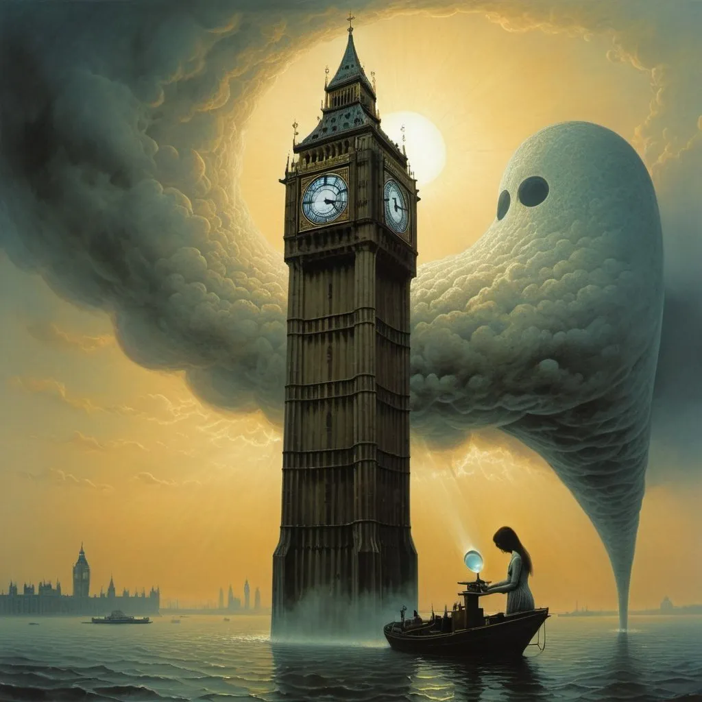 Prompt: Generate an asymmetric image Zdzisław Beksiński – a vacuum women feeding the human body. Apply the big ben London  A huge telephone in the sky, the creature is holding this telephone in his hand. A figure made of geometric shapes. telephone. You can see huge clouds and the sun is slightly shining through the clouds. Everything floats in water