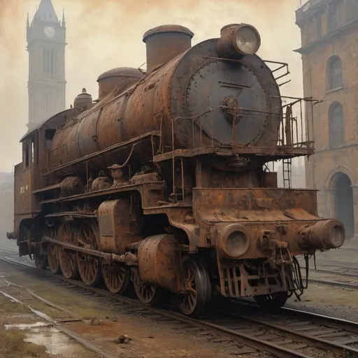 Prompt: Generate an asymmetric image of Umbria and optimism. Zdzisław Beksiński – The locomotive has a long, narrow body made of dark metal, which is covered with rust in many places. Rusty stains and traces of passing time are visible on the surface. The large steel wheels are also covered in rust. Their rims have characteristic, distinct ribs. At the front of the locomotive there are two old lamps, the glass of which is frosted and cracked. There is an old wooden steering wheel in the rusty cabin. Its surface is worn and covered with a layer of dust.  a vacuum women feeding the human body. Apply the big ben London