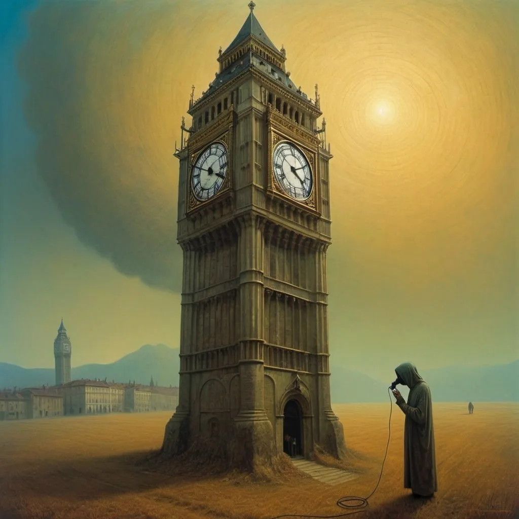 Prompt: Generate an asymmetric image of Umbria. Zdzisław Beksiński – a vacuum women feeding the human body. Apply the big ben London  A huge telephone in the sky, the creature is holding this telephone in his hand. A figure made of geometric shapes. telephone. Umbria.