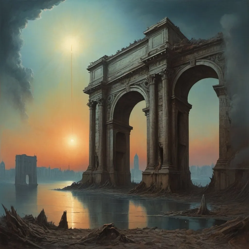 Prompt: Generate asymmetric image. Generate an image in the style of the painter Zdzisław Beksiński.   he explosion throws the ruins of the city from the bottom of the ocean. The ruins of Paris can be seen in the background. Figures and buildings are on the side of the picture, out of frame. Oil painting, abstract, psychedelic. Perspective view, surrealism. Raw scorched earth. Two mysterious figures with a terrible face stand and look at the sky. Very mysterious characters.  The Asymmetric image. The Generate Paris and the Arch of Victory, The figures are on the side of the image. The sun is behind the clouds, you can barely see any rays of light.