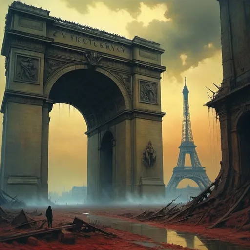 Prompt: Generate an image in the style of the artist Zdzisław Beksiński. in the background you can see the Arch of Victory in Paris looming. The arch of victory falls over, hit by a rocket. Generate a surreal landscape with unrealistic forms. Create an image of a post-apocalyptic landscape with creepy structures. Create an artistic composition that arouses anxiety and fascination at the same time.