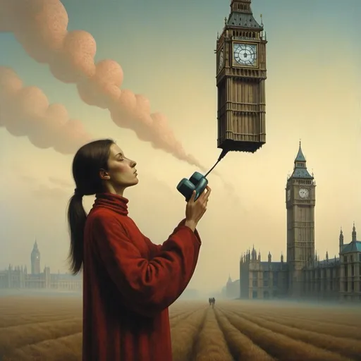 Prompt: Generate an asymmetric image of Umbria sanguina, Zdzisław Beksiński – a vacuum women feeding the human body. Apply the big ben London  A huge telephone in the sky, the creature is holding this telephone in his hand. A figure made of geometric shapes. telephone. Umbria.