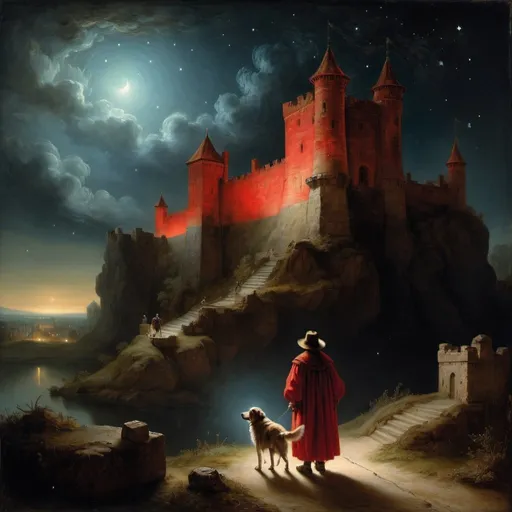 Prompt: painting by Rembrandt van Rijn The painting depicts a surreal night scene with a starry sky, an ancient fortress and a figure in flowing red fabric accompanied by a dog. This creates an atmosphere of mystery and fantasy. The ethereal beauty of a starry night combines with historic architecture and enigmatic characters, evoking emotions of wonder and intrigue.