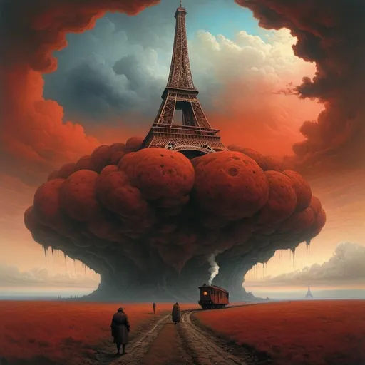Prompt: Generate an asymmetric image. styles zdzisław Beksiński use the umbria and sanguine color palette  Two mysterious figures. In the sky, in the clouds, a large rusty island refrigerator looks like it has been buried in the ground for a hundred years. The locomotive floats in the clouds, damaged, without wagons. Characters pushing an island in the clouds, Bloody Eiffel Tower