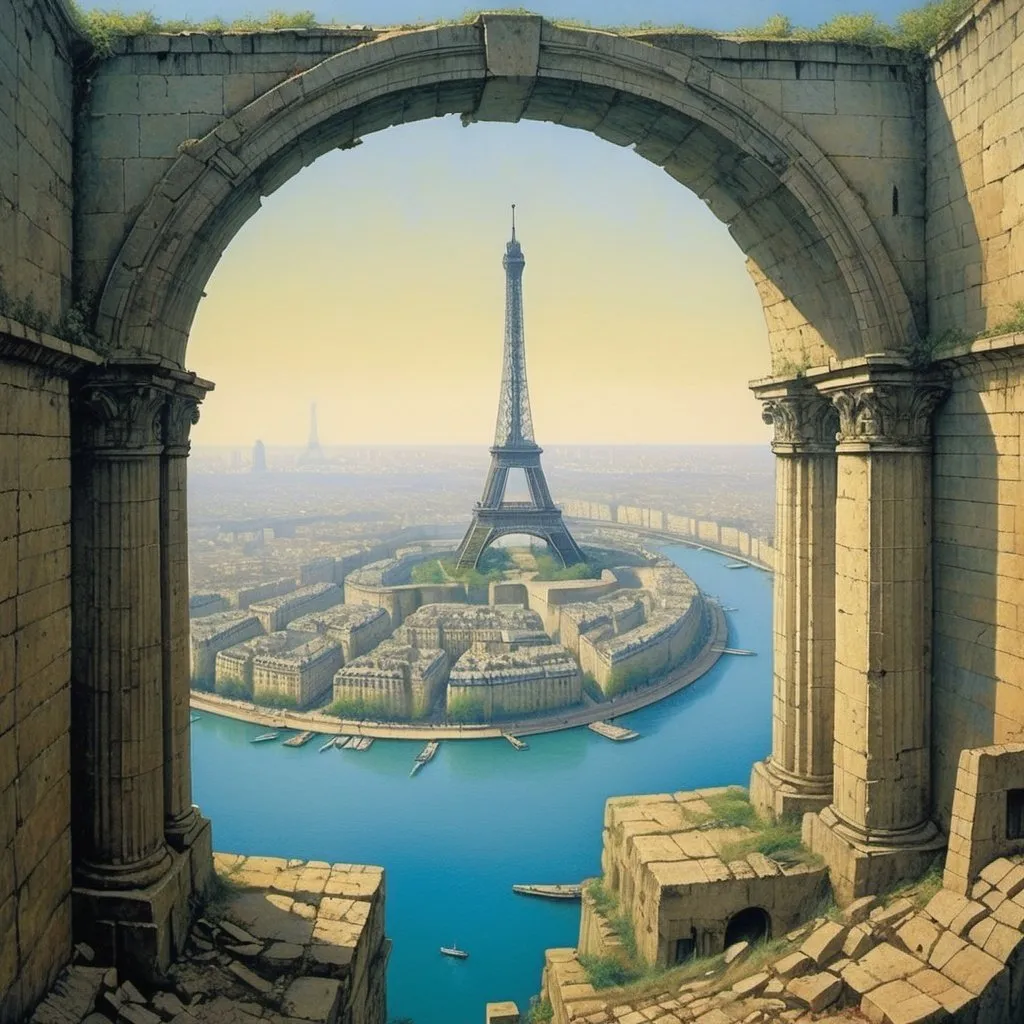 Prompt: Generate Asymmetric Image.  Generate Asymmetric Image. In the background you can see the Arch of Victory in Paris and the ruins of the city. My island Paris. No symmetry. . Generate an image in the style of the painter Zdzisław Beksiński. Asymmetric image. In the background you can see the Arch of Victory in Paris and the ruins of the city. Paris on the island levitates above the ocean. No symmetry In the background you can see the Arch of Victory in Paris and the ruins of the city. My island Paris. No symmetry. . Generate an image in the style of the painter Zdzisław Beksiński. Asymmetric image. In the background you can see the Arch of Victory in Paris and the ruins of the city. Paris on the island levitates above the ocean. No symmetry