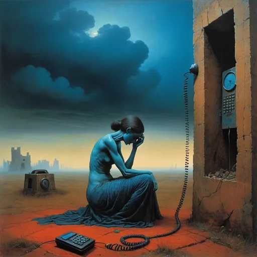 Prompt: Generate Zdzisław Beksiński, umbria, sanguine Generate The painting shows a blue-skinned, emaciated figure, bent over, pensive over a large, ruined telephone. Woman Meditates. The central female figure is emaciated and mysterious. Use the Umbrian and Sanguine styles. He appears to be contemplating or examining a large telephone on the ground. The phone is brownish and rotten, with holes and missing parts, indicating that it has been in the ground for a long time. In the background you can see a huge phone in the clouds that is barely recognizable. The clock is immersed in a foggy atmosphere. gloom.