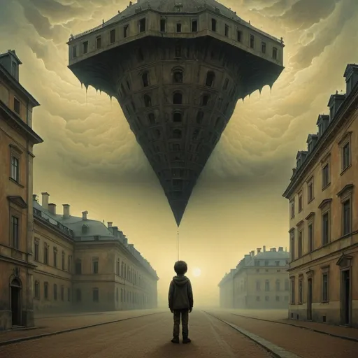 Prompt: Asymmetric, surreal depiction of Umbria, Zdzisław Beksiński-inspired mysterious  boy little, massive telephone hovering in the sky, terrifying geometric figure, royal palace in Warsaw, high-res, surrealism, abstract, dark tones, eerie lighting, detailed textures, haunting atmosphere, urban fantasy, dreamlike, sinister presence, unsettling, mysterious, otherworldly, distorted perspective