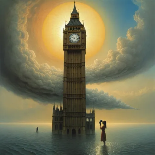 Prompt: Generate an asymmetric image Zdzisław Beksiński – a vacuum women feeding the human body. Apply the big ben London  A huge telephone in the sky, the creature is holding this telephone in his hand. A figure made of geometric shapes. telephone. You can see huge clouds and the sun is slightly shining through the clouds. Everything floats in water