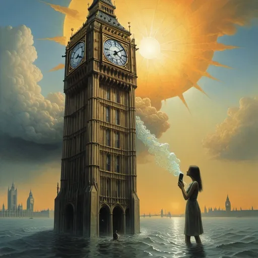 Prompt: Generate an asymmetric image Zdzisław Beksiński – a vacuum women feeding the human body. Apply the big ben London  A huge telephone in the sky, the women  is holding this telephone in his hand. A figure made of geometric shapes. telephone. You can see huge clouds and the sun is slightly shining through the clouds. Everything floats in water