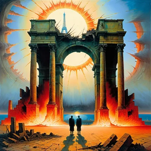 Prompt: Generate asymmetric image. Generate an image in the style of the painter Zdzisław Beksiński.   he explosion throws the ruins of the city from the bottom of the ocean. The ruins of Paris can be seen in the background. Figures and buildings are on the side of the picture, out of frame. Oil painting, abstract, psychedelic. Perspective view, surrealism. Raw scorched earth. Two mysterious figures with a terrible face stand and look at the sky. Very mysterious characters.  The Asymmetric image. The Generate Paris and the Arch of Victory, The figures are on the side of the image. The sun is behind the clouds, you can barely see any rays of light.