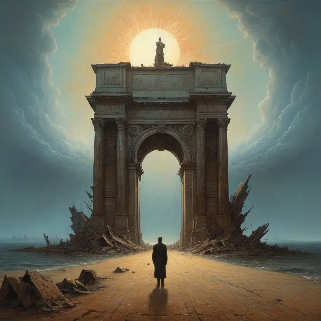 Prompt: Generate asymmetric image. Generate an image in the style of the painter Zdzisław Beksiński.   he explosion throws the ruins of the city from the bottom of the ocean. The ruins of Paris can be seen in the background. Figures and buildings are on the side of the picture, out of frame. Oil painting, abstract, psychedelic. Perspective view, surrealism. Raw scorched earth. Two mysterious figures with a terrible face stand and look at the sky. Very mysterious characters.  The Asymmetric image. The Generate Paris and the Arch of Victory, The figures are on the side of the image. The sun is behind the clouds, you can barely see any rays of light.