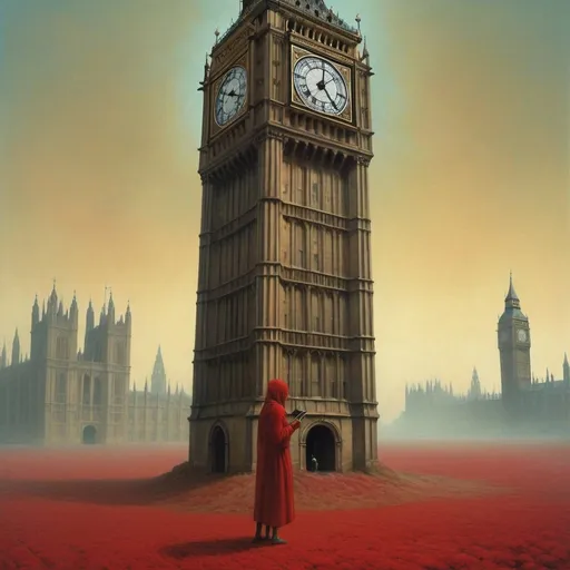 Prompt: Generate an asymmetric image of Umbria sanguina, Zdzisław Beksiński – a vacuum women feeding the human body. Apply the big ben London  A huge telephone in the sky, the creature is holding this telephone in his hand. A figure made of geometric shapes. telephone. Umbria.
