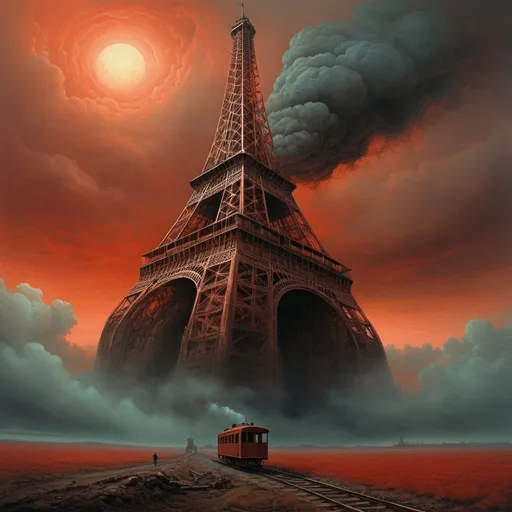 Prompt: Generate an asymmetric image. styles zdzisław Beksiński use the umbria and sanguine color palette  Two mysterious figures. In the sky, in the clouds, a large rusty island refrigerator looks like it has been buried in the ground for a hundred years. The locomotive floats in the clouds, damaged, without wagons. Characters pushing an island in the clouds, Bloody Eiffel Tower