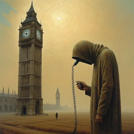 Prompt: Generate an asymmetric image of Umbria. Zdzisław Beksiński – a vacuum creature feeding the human body. Apply the big ben London A huge telephone in the sky, the creature is holding this telephone in his hand. A figure made of geometric shapes. telephone. Umbria.